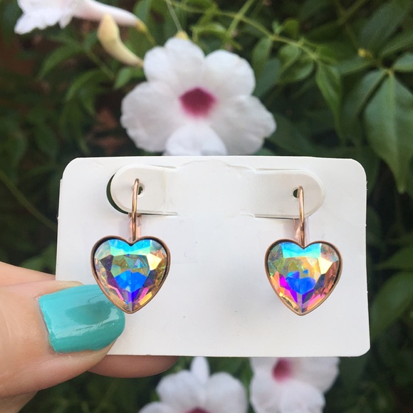 Jewelry - Aurora Borealis Crystal Heart + Rose Gold Drop Earrings